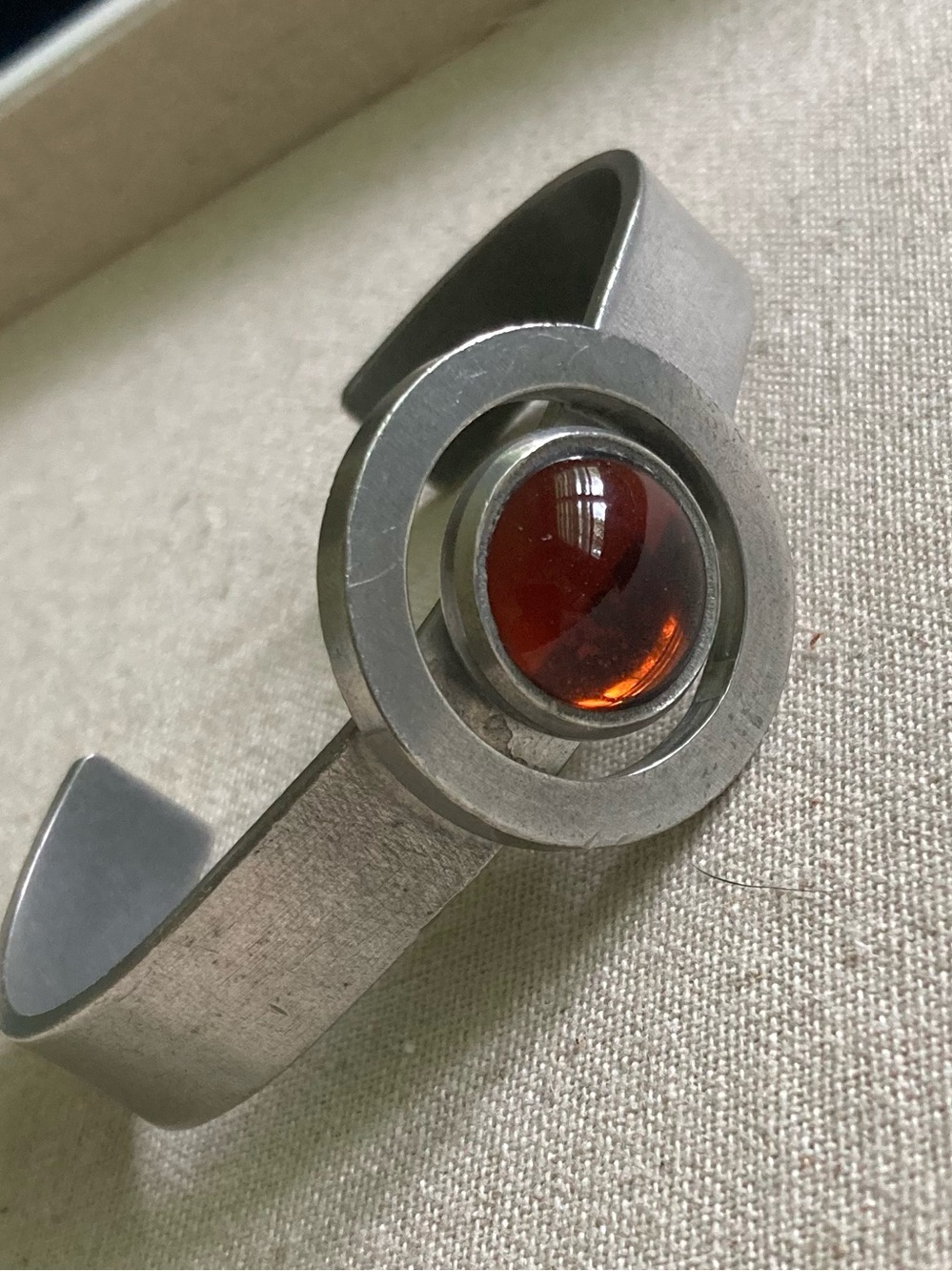 Jorgen Jensen Vintage Mid Century pewter cuff bracelet Amber Glass Center Stone